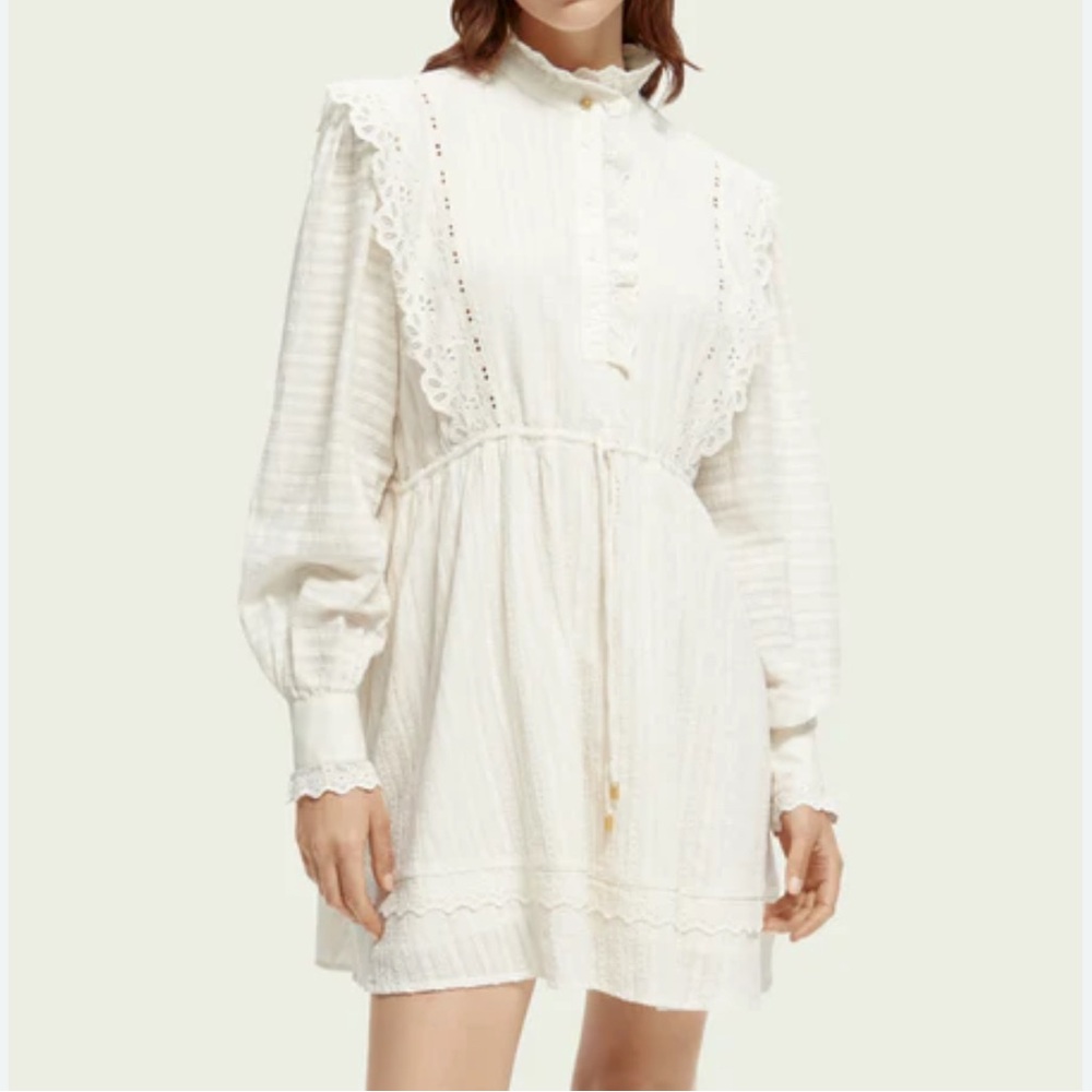 Scotch & Soda White Smocked Sundress with Mandarin Collar